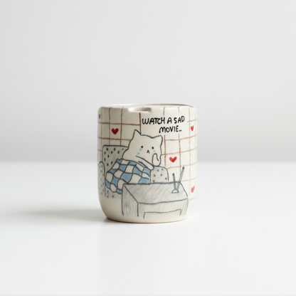 Handcrafted Ceramic Travel Mug with Built-in Lid, "Watch a Sad Movie" Cute Crying Cat Commuter Cup • HX23