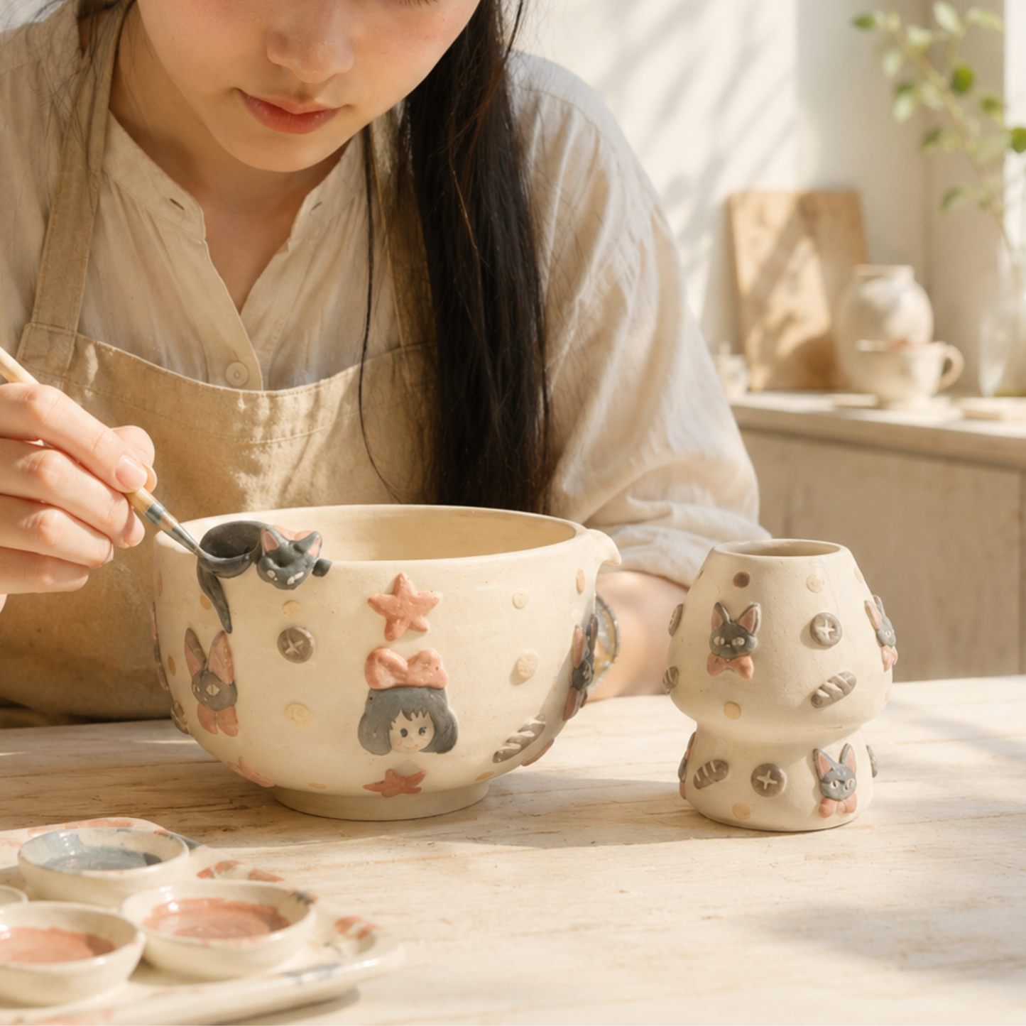 Kiki's Delivery Service 3D Handcrafted Ceramic Matcha Bowl and Jiji Whisk Holder Set • HX12