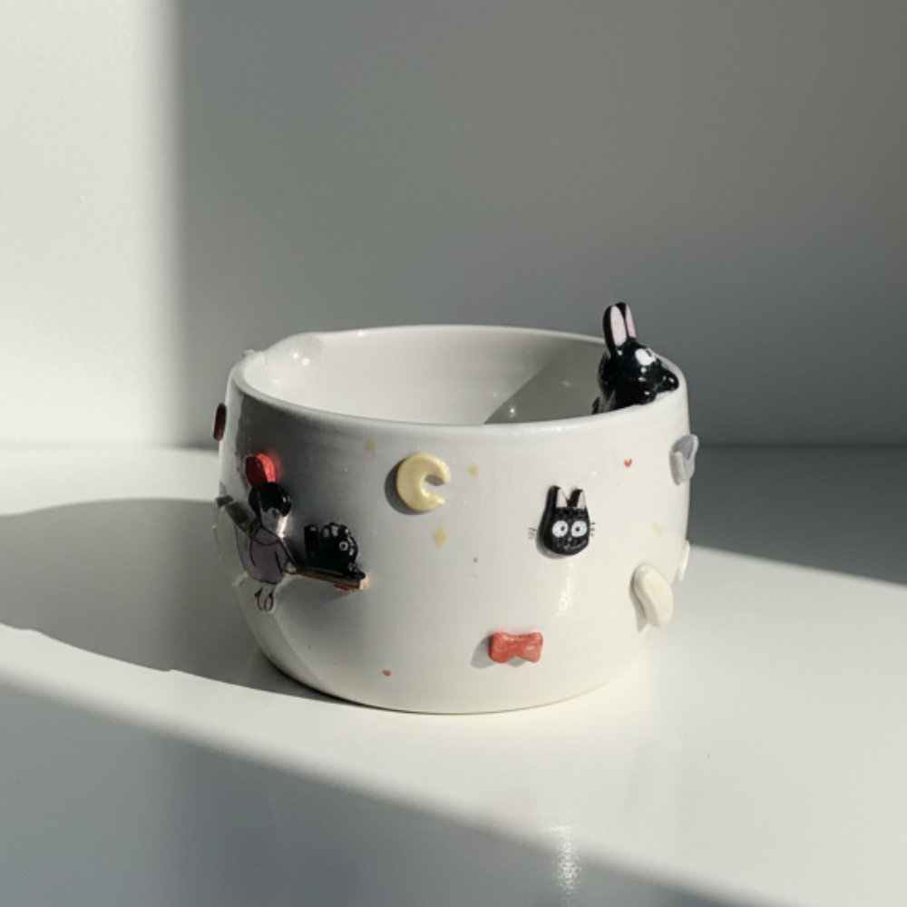 Kiki's Delivery Service Jiji & Moon 3D Handcrafted Ceramic Matcha Bowl and Whisk Holder Set • HX16