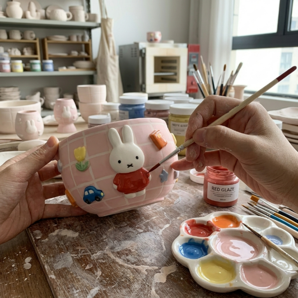 Grid Pink Bunny Matcha Bowl | Handmade Ceramic Chawan | LA024