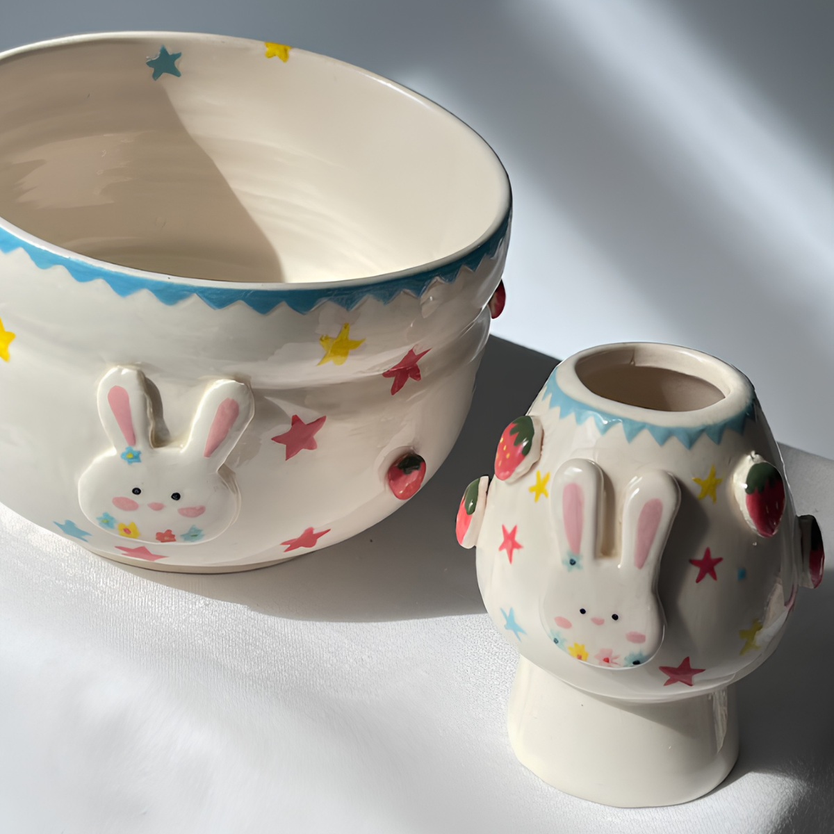 Handcrafted Strawberry Bunny & Star Ceramic Matcha Bowl and Whisk Holder Set • HX26