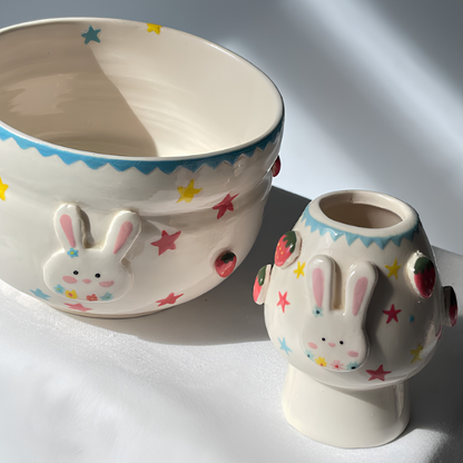 Handcrafted Strawberry Bunny & Star Ceramic Matcha Bowl and Whisk Holder Set • HX26