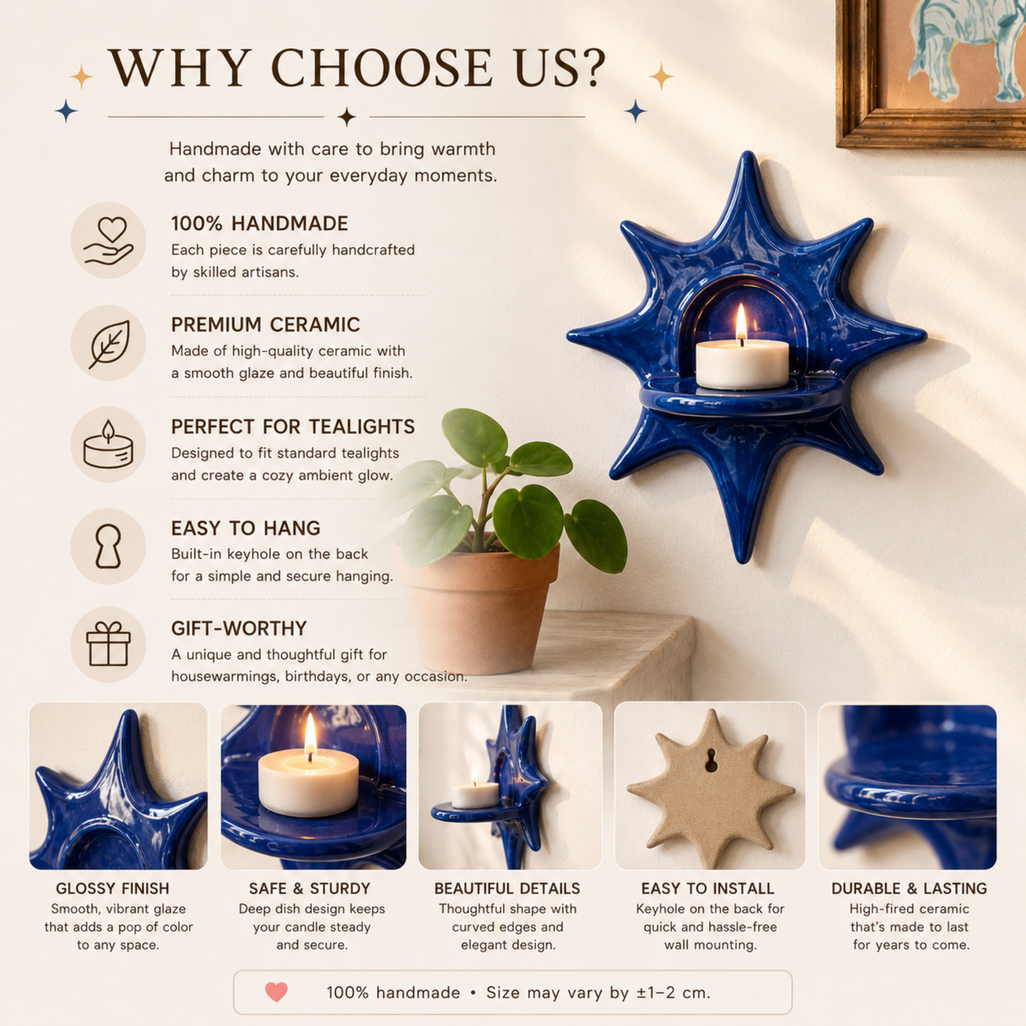 Handcrafted Sage Green Star Ceramic Wall Candle Sconce, Matte Mint Sunburst Celestial Tealight Holder • HX34