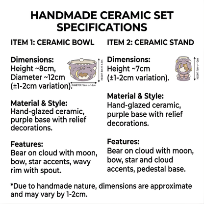 Lavender Dream Teddy Bear & Crescent Moon 3D Handcrafted Ceramic Matcha Bowl and Whisk Holder Set • HX27