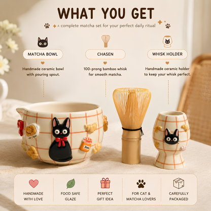 Checkered Jiji Cat Matcha Bowl | Handmade Ceramic Chawan | LA019
