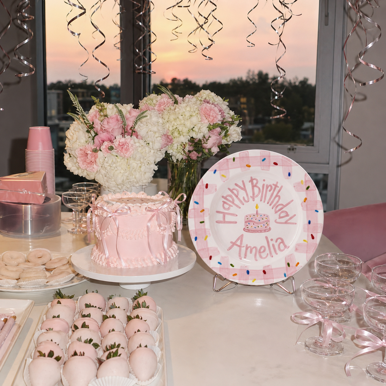 Personalized Pink Birthday Plate, Custom Ceramic Birthday Dish, Pink Gingham Cake Plate, Girls Birthday Tradition Heirloom Keepsake | B097