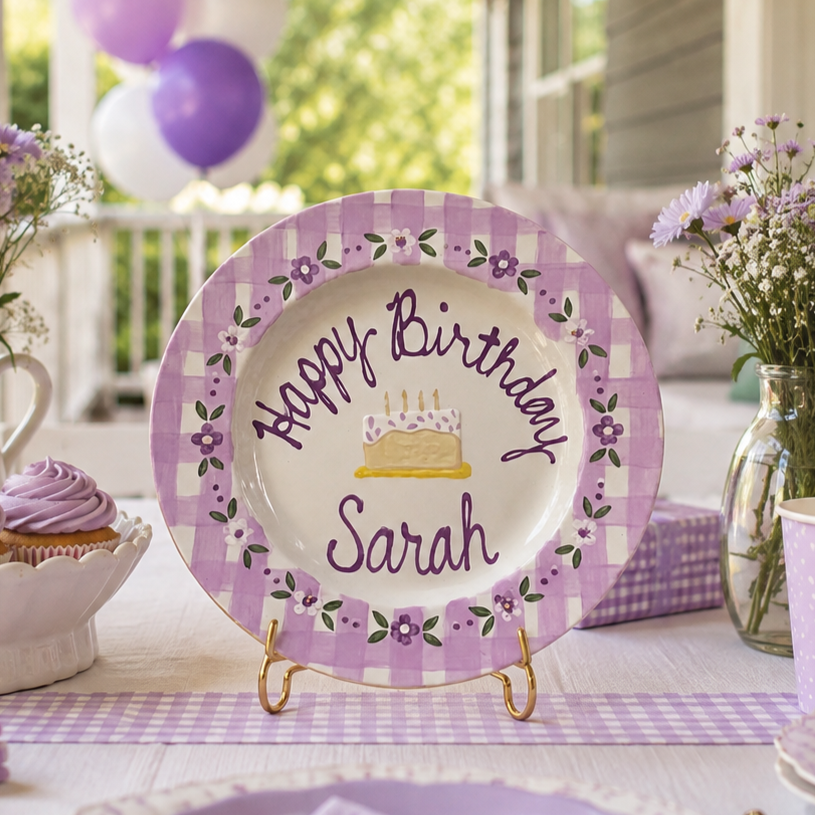 Custom Hand Painted Ceramic Birthday Plate, Lavender Gingham Floral Plate, Personalized Birthday Plate, First Birthday Gift Girl | B005