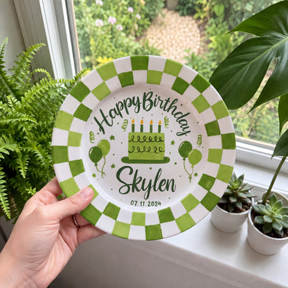 Personalized Birthday Plate – Custom Name & Date with Green Checkerboard Border, Balloons & Birthday Cake – Birthday Celebration | BGI011