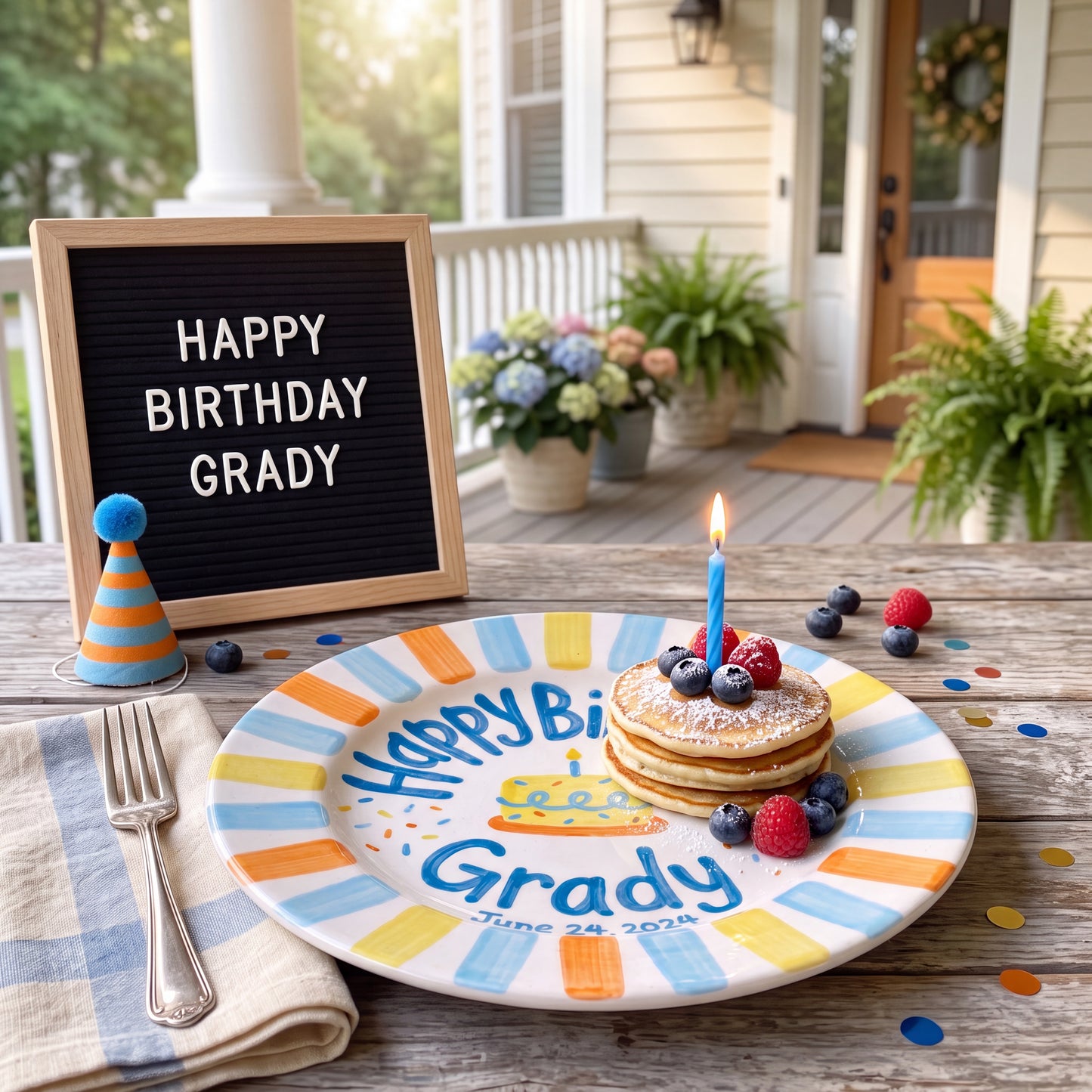 Personalized Birthday Plate – Yellow Cake & Multicolor Striped Border Design | B100