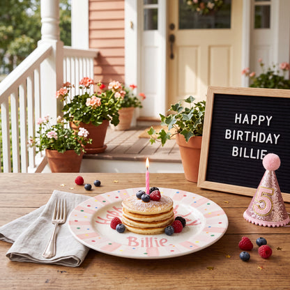 Pink Stripes Birthday Plate, Hand-Painted Birthday Candles Design, Custom Name Ceramic Keepsake, First Birthday | B004