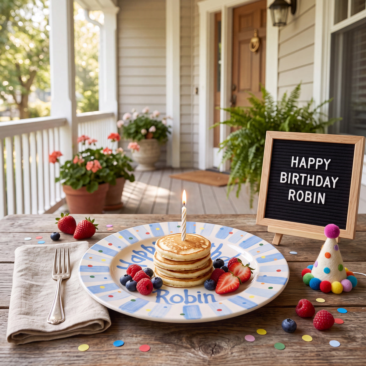 Blue Stripes Birthday Plate, Hand-Painted Ceramic Keepsake with Confetti, Custom Name Cake Dish, Boy Party Decor | B010