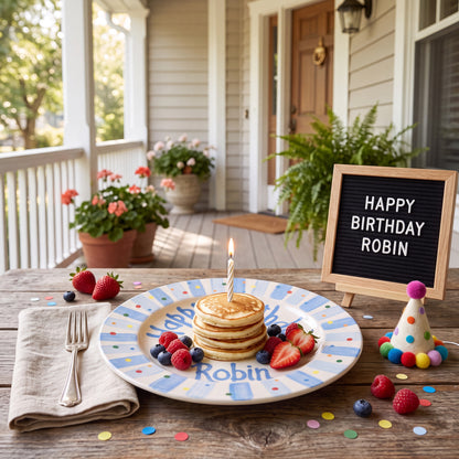 Hand-Painted Ceramic Birthday Plate, Blue Striped Border with Sprinkles, Custom Name Keepsake, Baby Boy Gift | B010