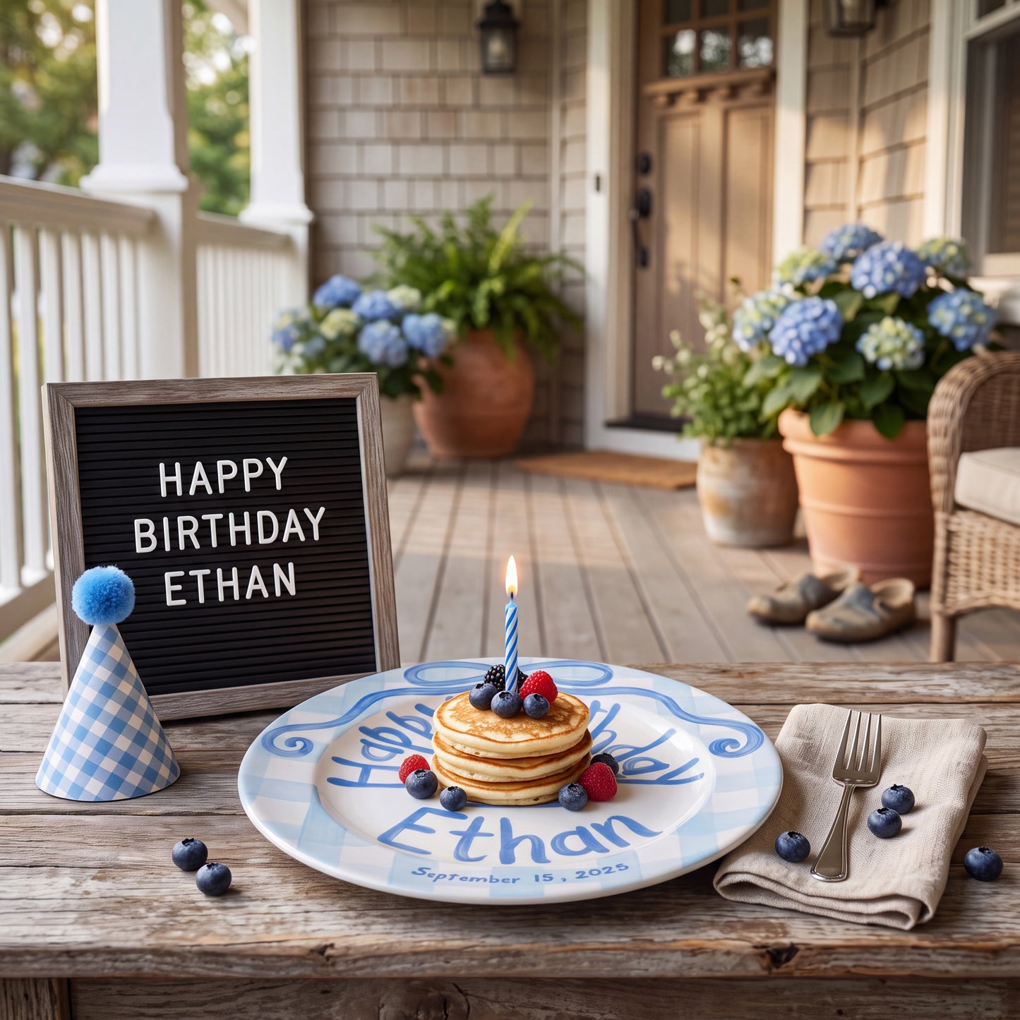 Blue Gingham Edge Birthday Plate, Hand-Painted Blue Ribbon & Cake Design, Custom Name Ceramic Plate | B012