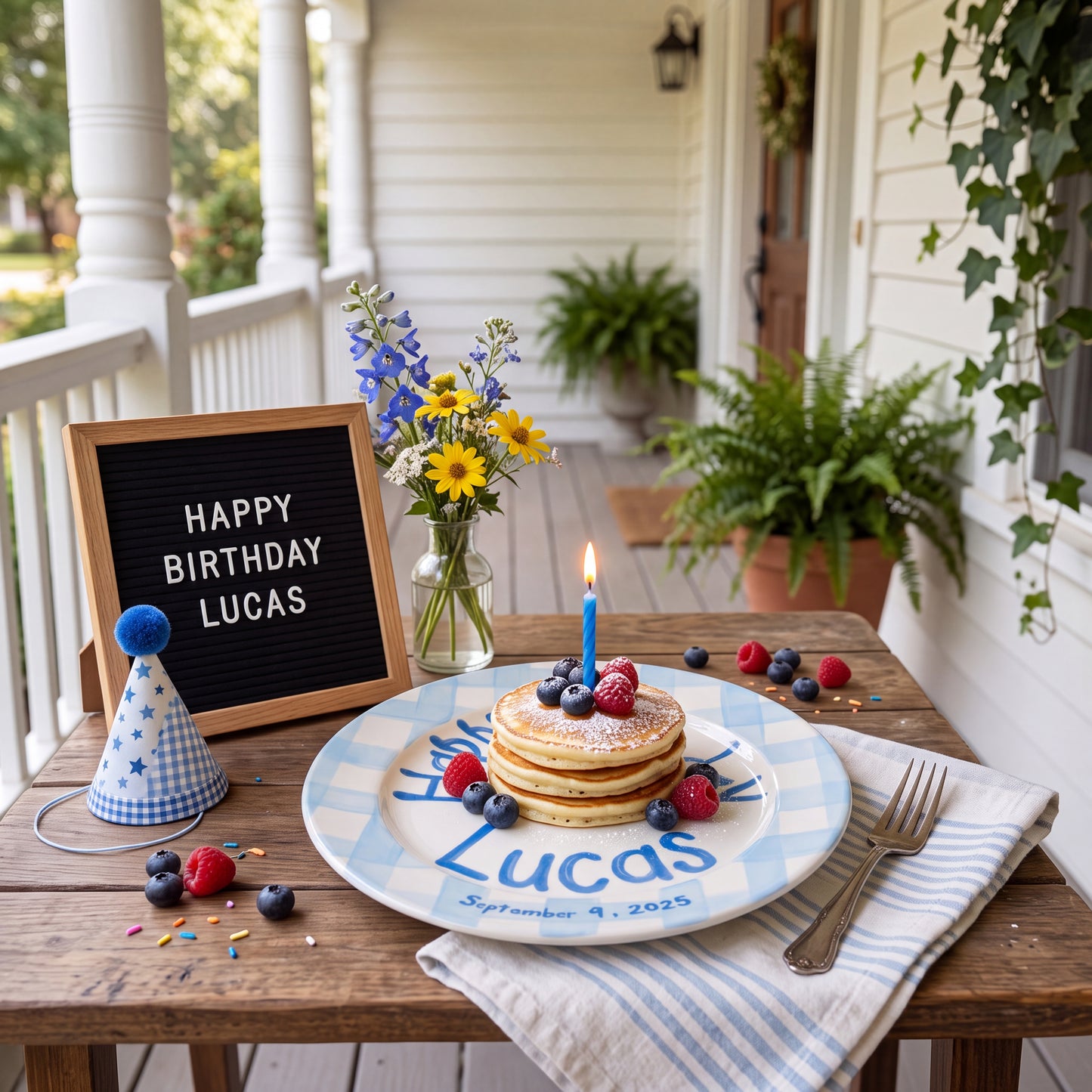 Hand-Painted Blue Gingham Ceramic Birthday Plate, Personalized Name Keepsake, Custom Baby Boy Party Decor | B013
