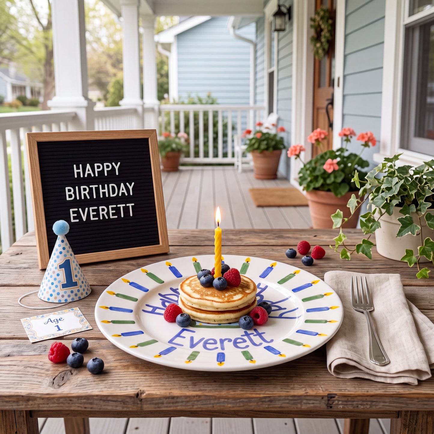 Blue and Green Candle Border Birthday Plate, Hand-Painted Cake Design, Custom Name Ceramic Keepsake, Toddler Gift | B016