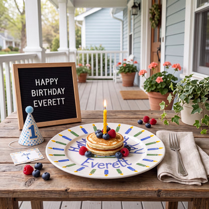 Blue and Green Candle Border Birthday Plate, Hand-Painted Cake Design, Custom Name Ceramic Keepsake, Toddler Gift | B016