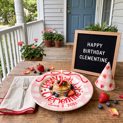 Pink Gingham Edge Birthday Plate, Hand-Painted Red Ribbon & Strawberry Cake Design, Custom Name Ceramic Plate | B019