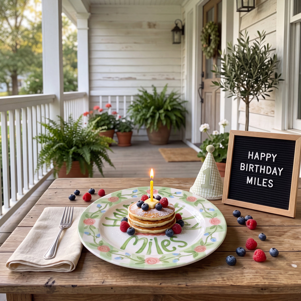Sage Gingham Birthday Plate, Hand-Painted Cottagecore Rose Garland Detail, Custom Name Ceramic Tableware | B035