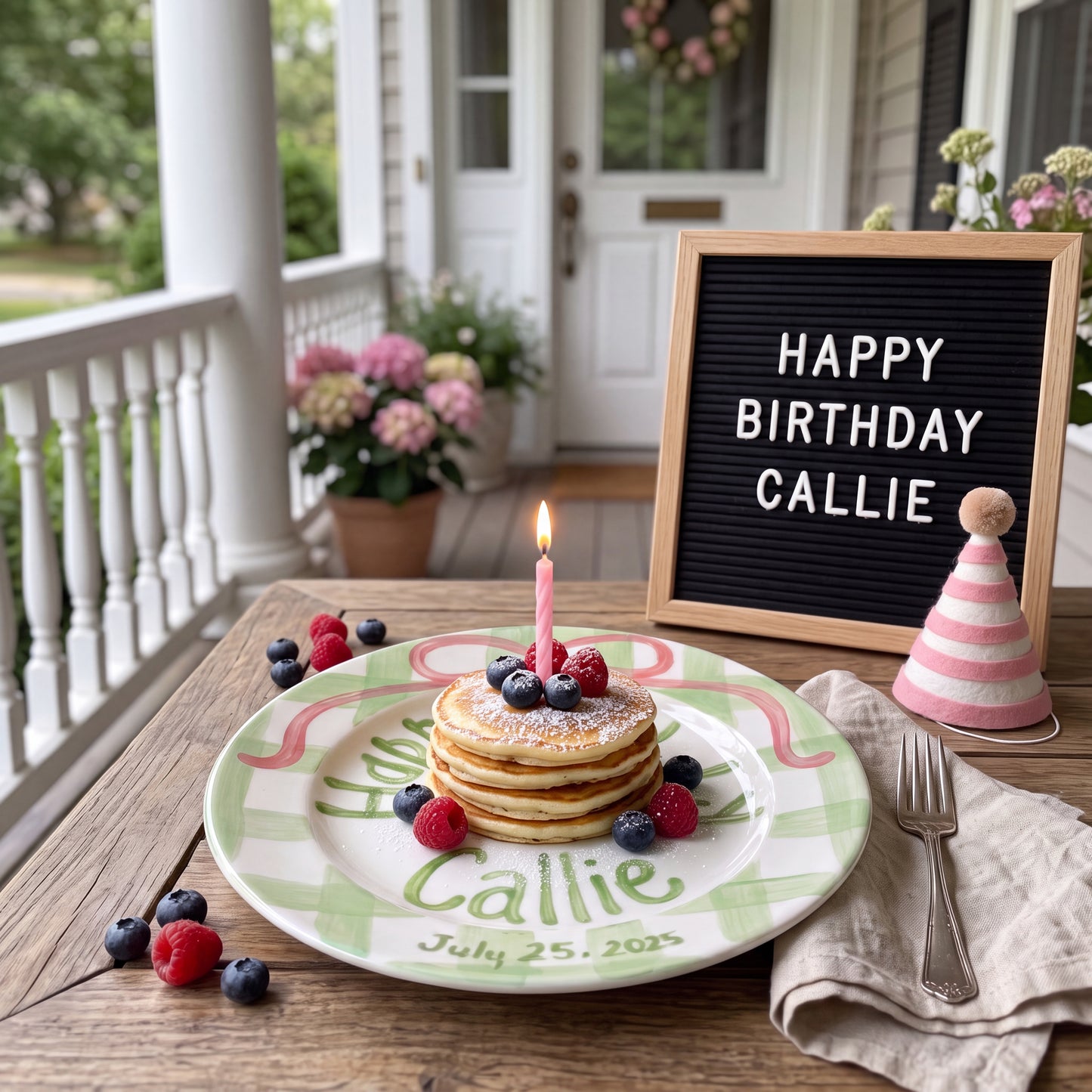 Sage Gingham Edge Birthday Plate, Hand-Painted Pink Ribbon & Cake Design, Custom Name Ceramic Plate | B036