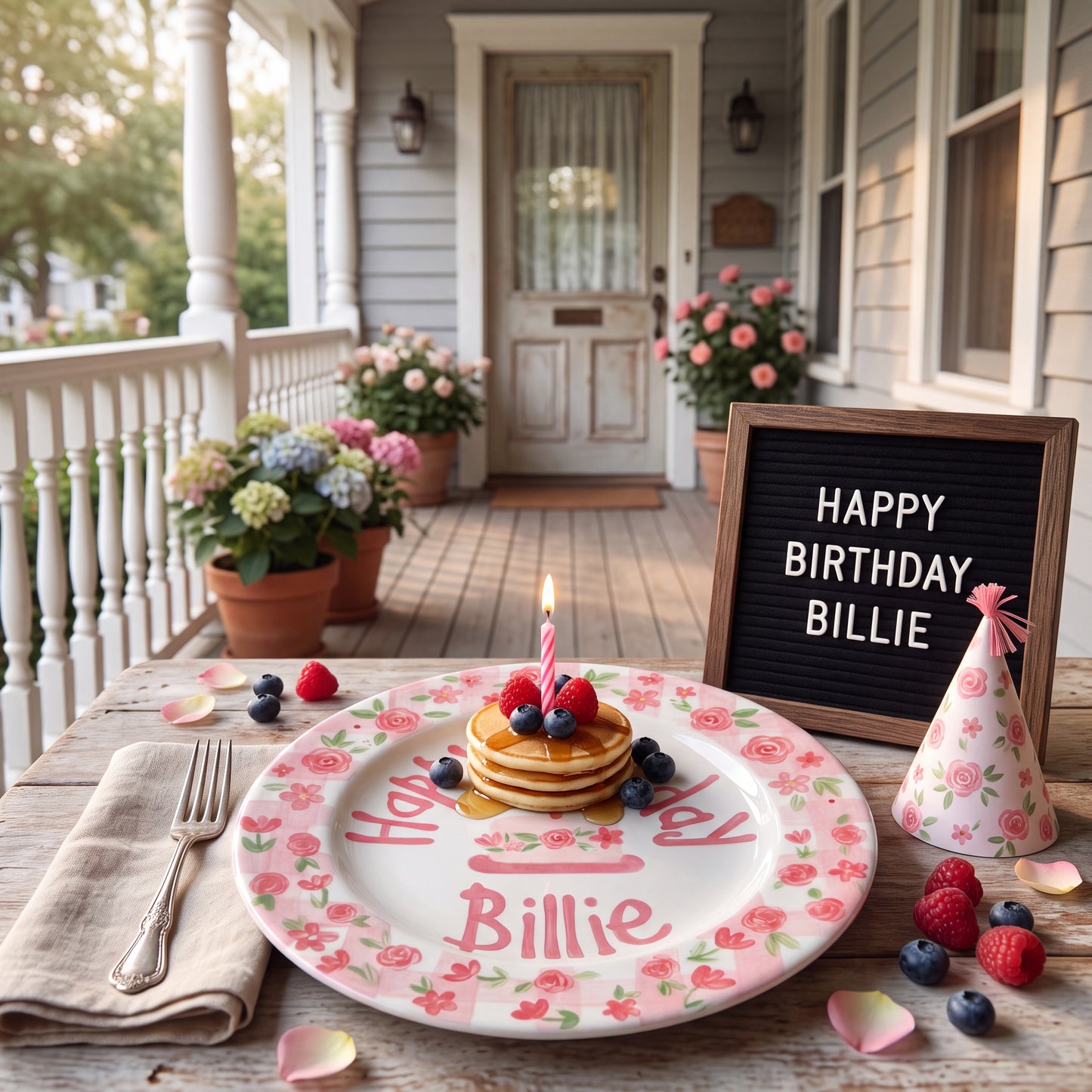 Hand-Painted Floral Wreath Ceramic Birthday Plate, Pink Gingham Border, Personalized Name Keepsake, Party Decor | B038
