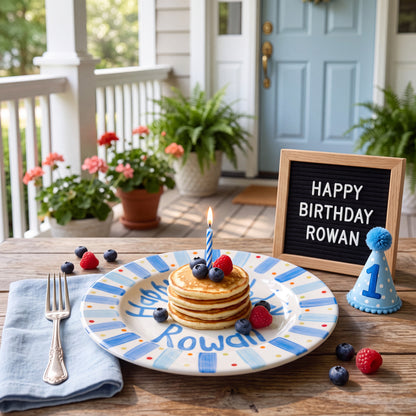 Blue Stripes Birthday Plate, Hand-Painted Birthday Cake Design, Custom Name Ceramic Keepsake, First Birthday | B039