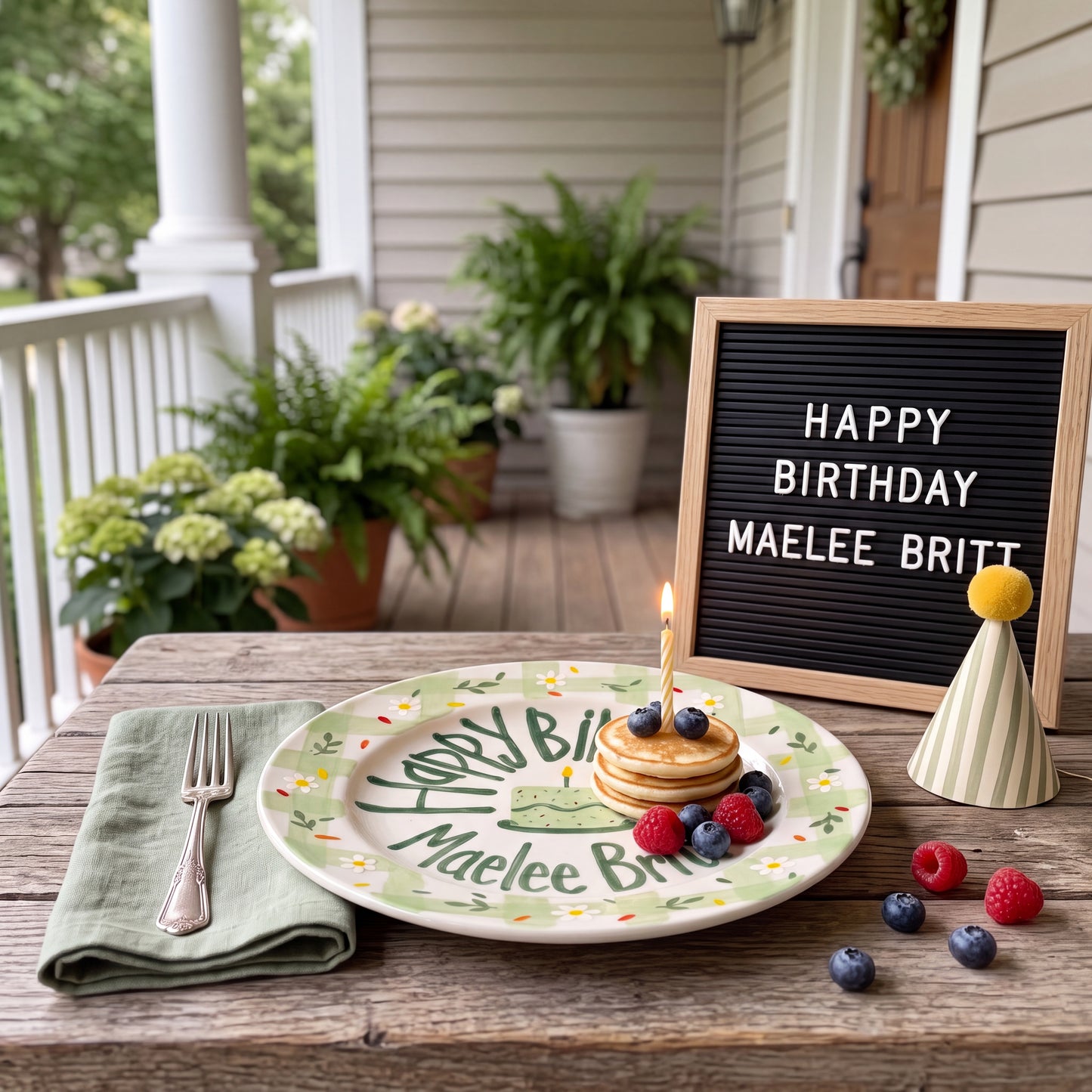 Custom Ceramic Birthday Plate, Personalized Name Cake Plate, Hand Painted Green Gingham Daisy Plate, Childrens Birthday Tradition | B050
