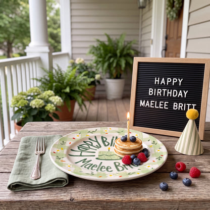 Custom Ceramic Birthday Plate, Personalized Name Cake Plate, Hand Painted Green Gingham Daisy Plate, Childrens Birthday Tradition | B050