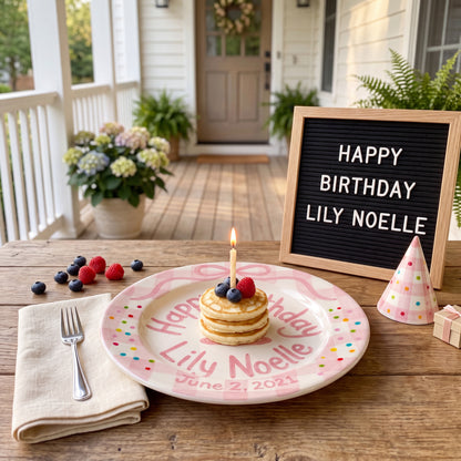 Personalized Birthday Plate Girl, Custom Pink Bow Gingham Plate, Hand Painted Ceramic Cake Plate, Heirloom Birthday Tradition Gift | B051