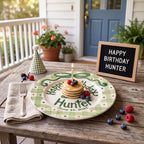 Custom Hand Painted Ceramic Birthday Plate, Green Bow Gingham Plate, Personalized Birthday Plate with Date, First Birthday Gift Boy | B052