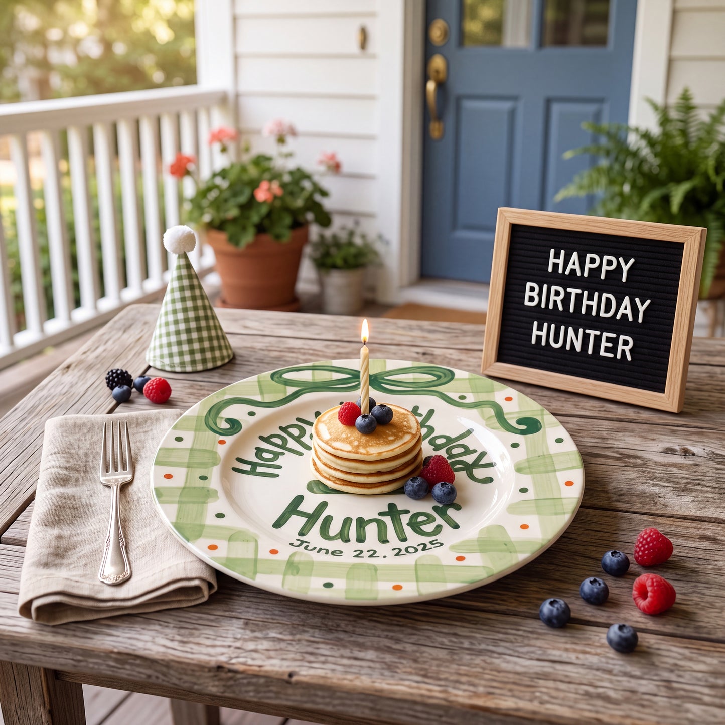 Custom Hand Painted Ceramic Birthday Plate, Green Bow Gingham Plate, Personalized Birthday Plate with Date, First Birthday Gift Boy | B052