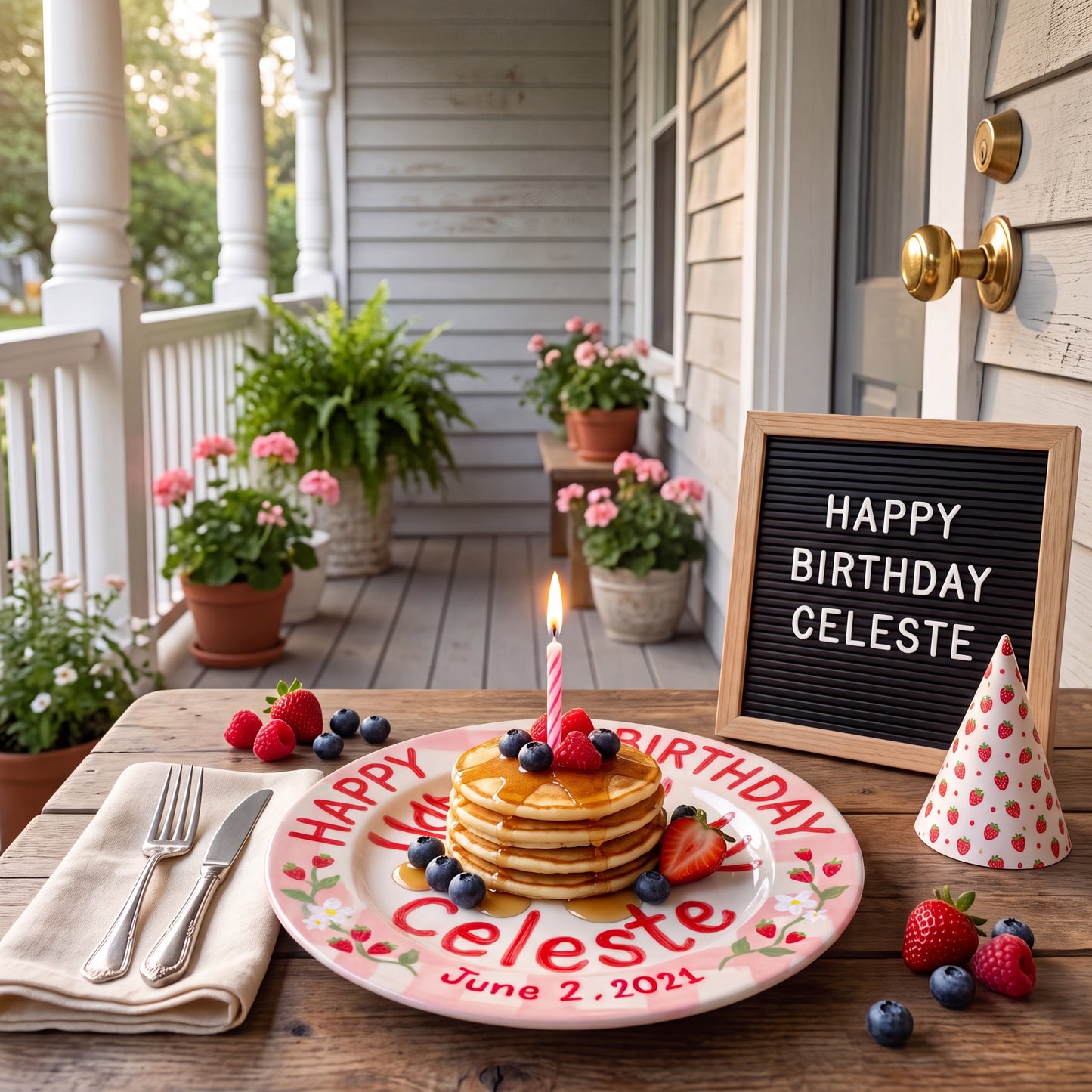 Custom Hand Painted Ceramic Birthday Plate, Strawberry Bow Gingham Plate, Personalized Birthday Plate with Date, Sweet One Birthday | B073