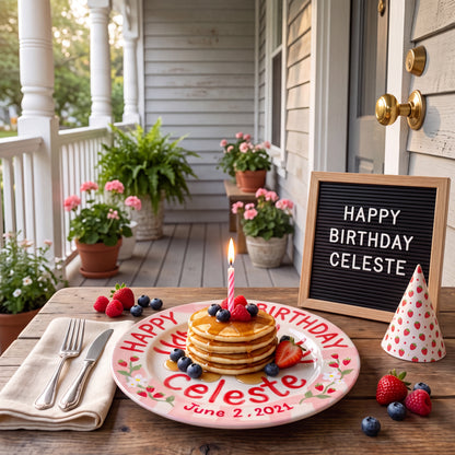 Custom Hand Painted Ceramic Birthday Plate, Strawberry Bow Gingham Plate, Personalized Birthday Plate with Date, Sweet One Birthday | B073