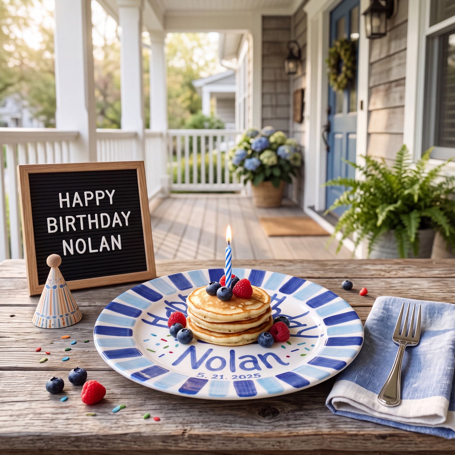 Personalized Birthday Plate Boy, Custom Blue Striped Plate, Hand Painted Ceramic Cake Plate, Heirloom Birthday Tradition Gift | B074
