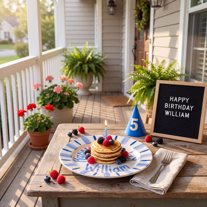 Custom Hand Painted Ceramic Birthday Plate, Blue Striped Candle Dish, Personalized Birthday Plate, First Birthday Gift Boy | B083