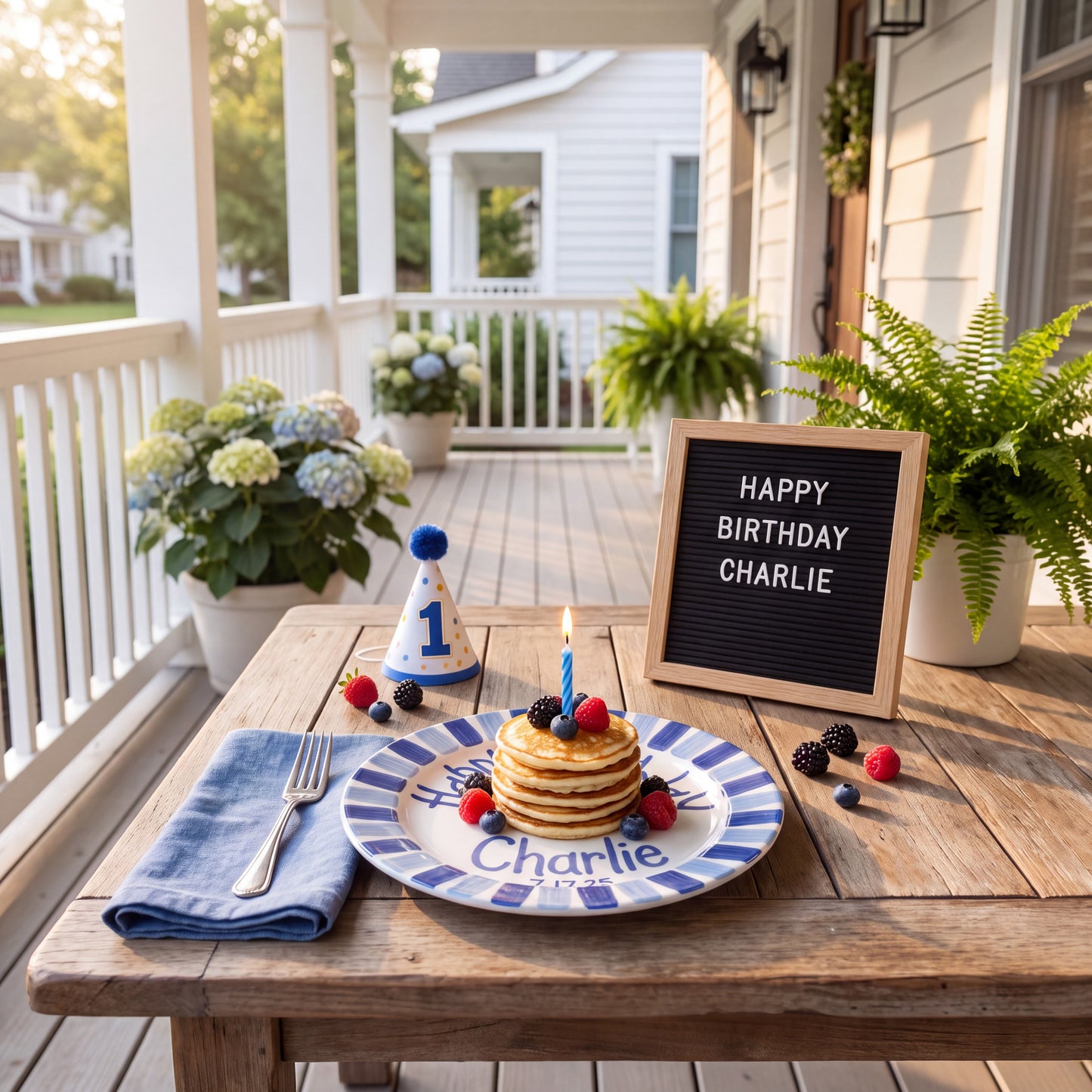 Custom Hand Painted Ceramic Birthday Plate, Blue Striped Candle Dish, Personalized Birthday Plate Date, First Birthday Gift Boy | B084