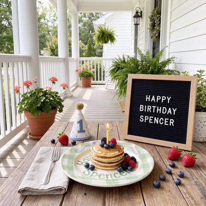 Personalized Green Birthday Plate, Custom Ceramic Birthday Dish, Green Gingham Blue Bow Plate, Boys Birthday Tradition Keepsake | B086
