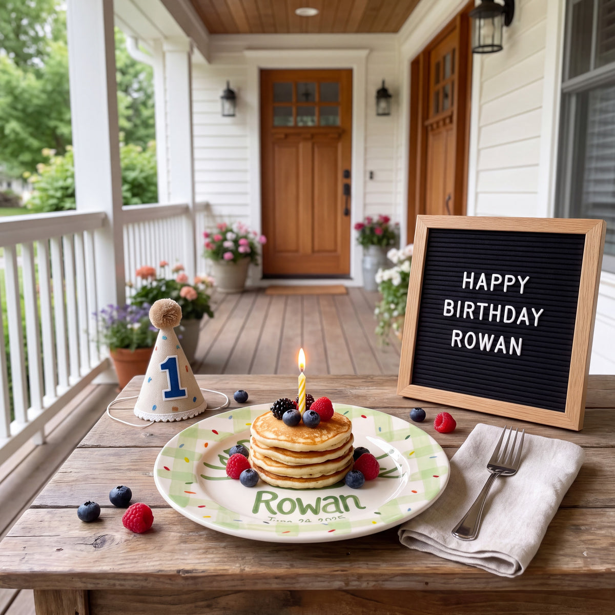 Custom Hand Painted Ceramic Birthday Plate, Green Gingham Confetti Plate, Personalized Birthday Plate Date, First Birthday Gift Boy | B088