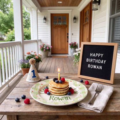 Custom Hand Painted Ceramic Birthday Plate, Green Gingham Confetti Plate, Personalized Birthday Plate Date, First Birthday Gift Boy | B088