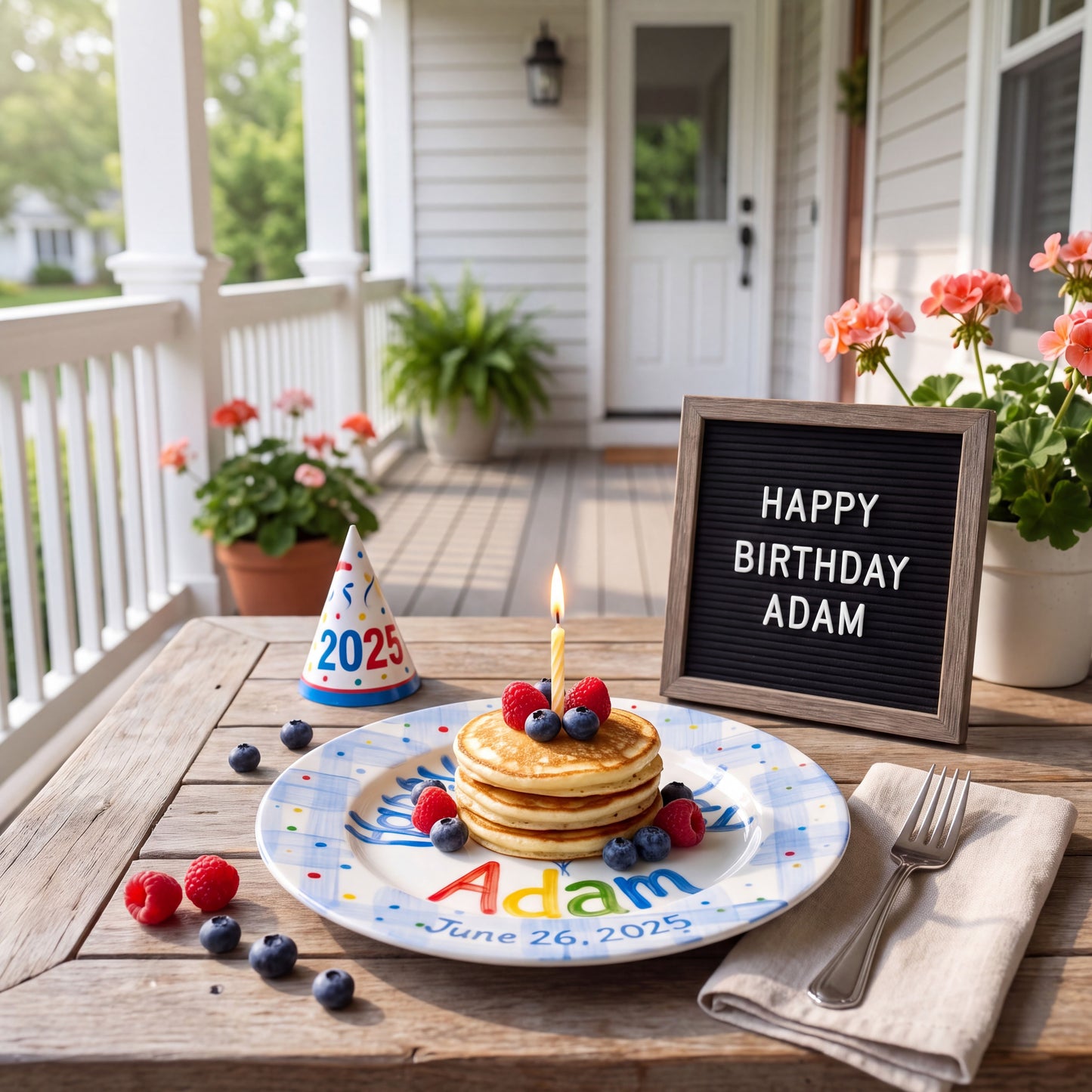 Custom Hand Painted Ceramic Birthday Plate, Blue Gingham Balloon Dish, Personalized Birthday Plate Date, First Birthday Gift Boy | B090