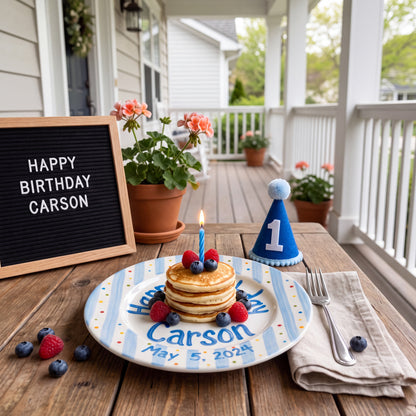 Custom Hand Painted Ceramic Birthday Plate, Blue Stripe Confetti Plate, Personalized Birthday Plate Date, First Birthday Gift Boy | B091