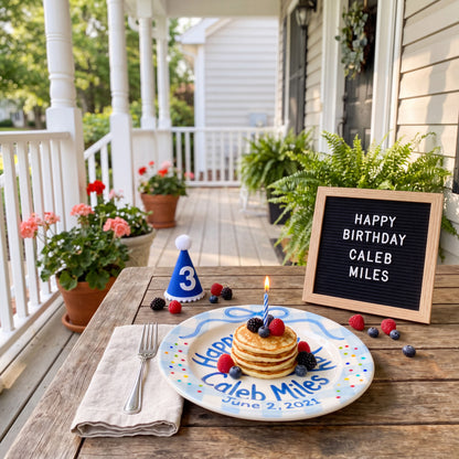 Personalized Blue Birthday Plate, Custom Ceramic Birthday Dish, Blue Gingham Ribbon Bow Plate, Boys Birthday Tradition Heirloom Keepsake | B094
