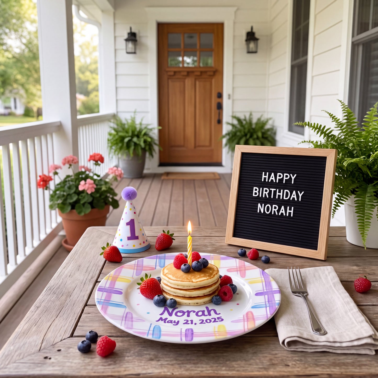 Custom Hand Painted Ceramic Birthday Plate, Pastel Plaid Cake Dish, Personalized Birthday Plate Date, First Birthday Gift Girl | B003