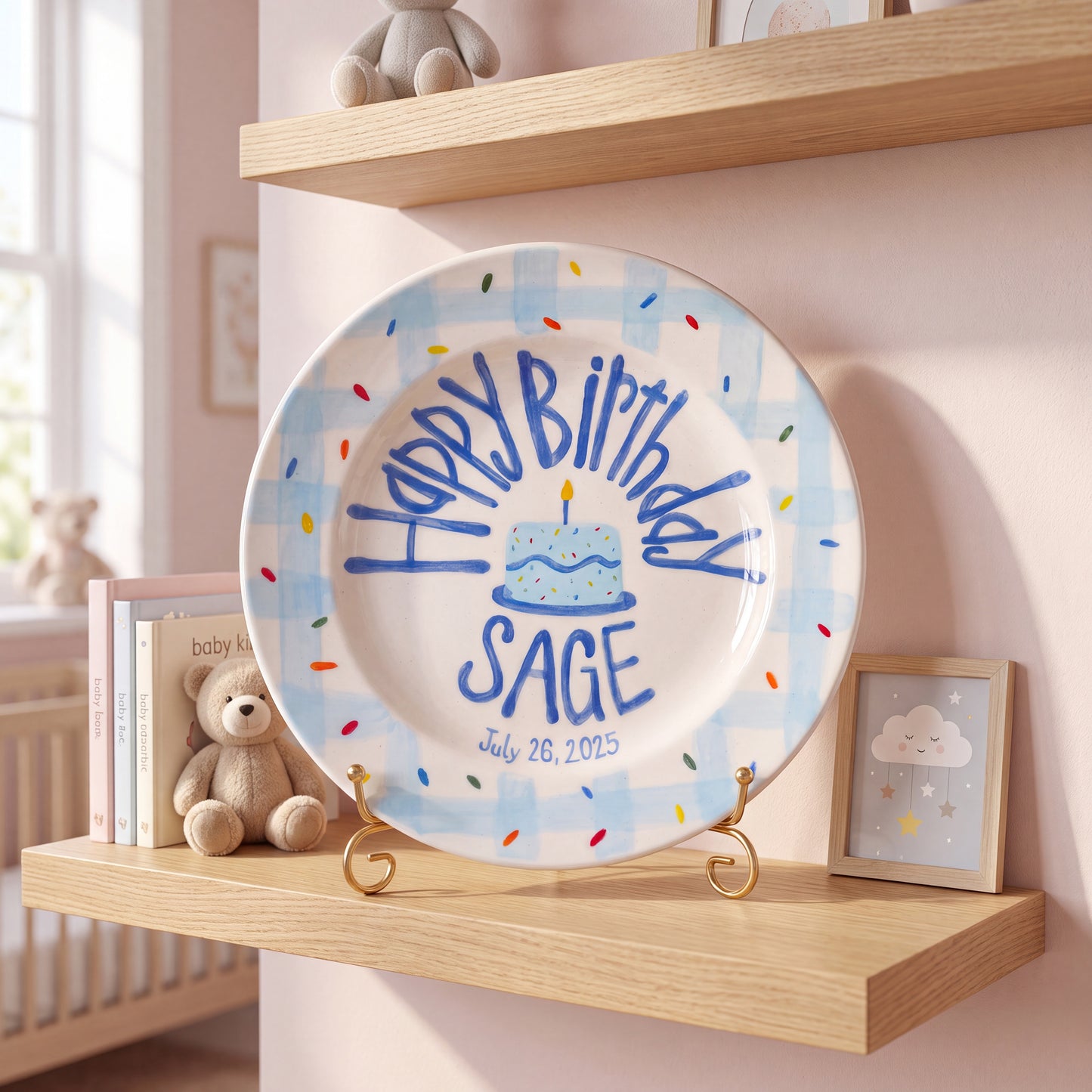 Personalized Birthday Plate – Blue Gingham Border & Sprinkle Cake Design | B011
