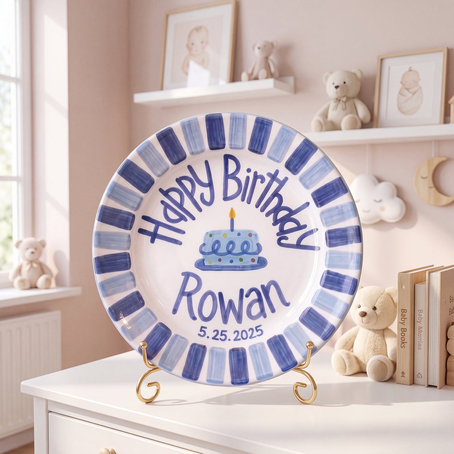 Personalized Birthday Plate – Blue Striped Border & Polka Dot Cake Design | B017