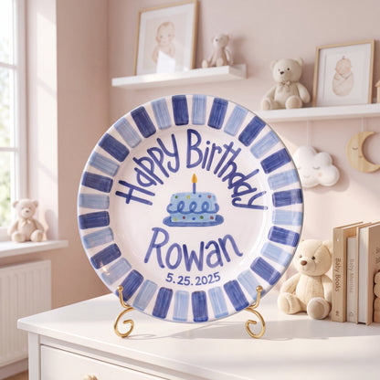 Personalized Birthday Plate – Blue Striped Border & Polka Dot Cake Design | B017