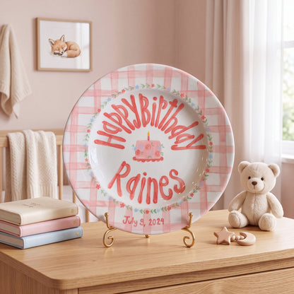 Custom Name Birthday Plate – Pink Gingham Floral Cake Design | B065