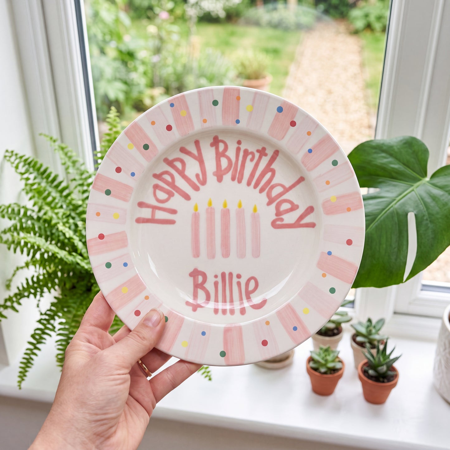 Pink Stripes Birthday Plate, Hand-Painted Birthday Candles Design, Custom Name Ceramic Keepsake, First Birthday | B004