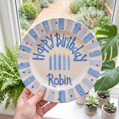 Hand-Painted Ceramic Birthday Plate, Blue Striped Border with Sprinkles, Custom Name Keepsake, Baby Boy Gift | B010