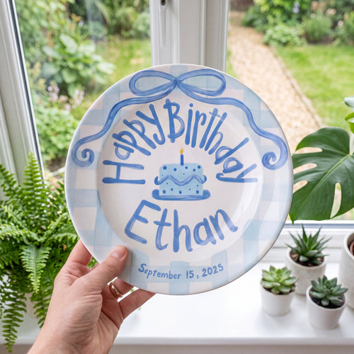 Hand-Painted Blue Bow Ceramic Birthday Plate, Light Blue Gingham Border, Personalized Name Keepsake, Boy Party Decor | B012