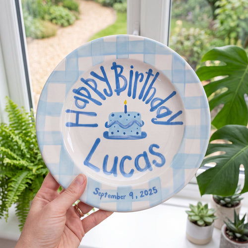 Blue Gingham Edge Birthday Plate, Hand-Painted Blue Cake Design, Custom Name Ceramic Keepsake, Toddler Gift | B013